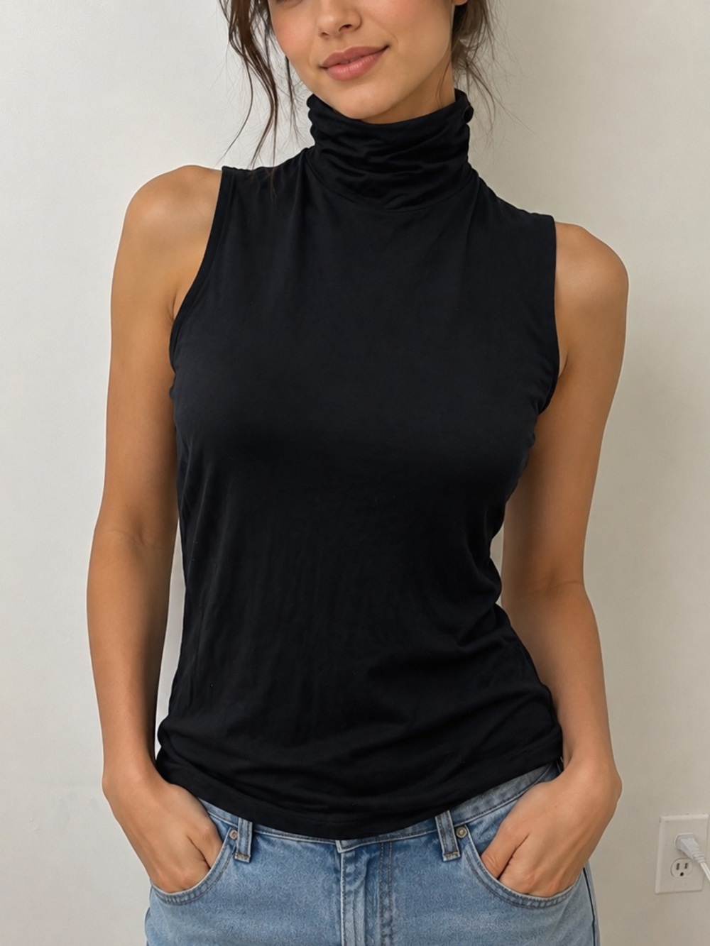 H&M soft Sleeveless Black Turtleneck Top - Classic Women's Tank
